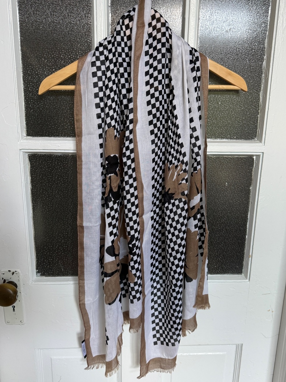 Carlisle Floral Checkerboard Scarf Wrap Black White Tan 62” x 20”